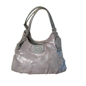 Coach Madison Maggie gray sparkle silver boho style leather handbag.